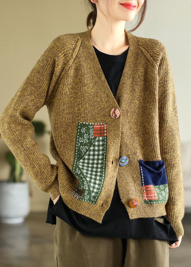 Boho-strickjacke Mit V-ausschnitt Und Patchwork-applikation In Gelb Für Den Winter