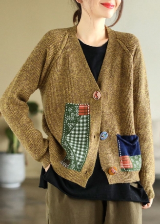 Boho-strickjacke Mit V-ausschnitt Und Patchwork-applikation In Gelb Für Den Winter