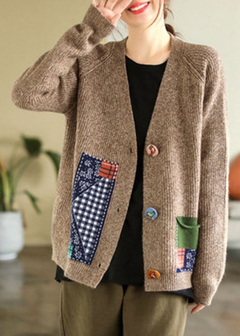 Boho-strickjacke Mit V-ausschnitt Und Patchwork-applikation In Gelb Für Den Winter - Gelb