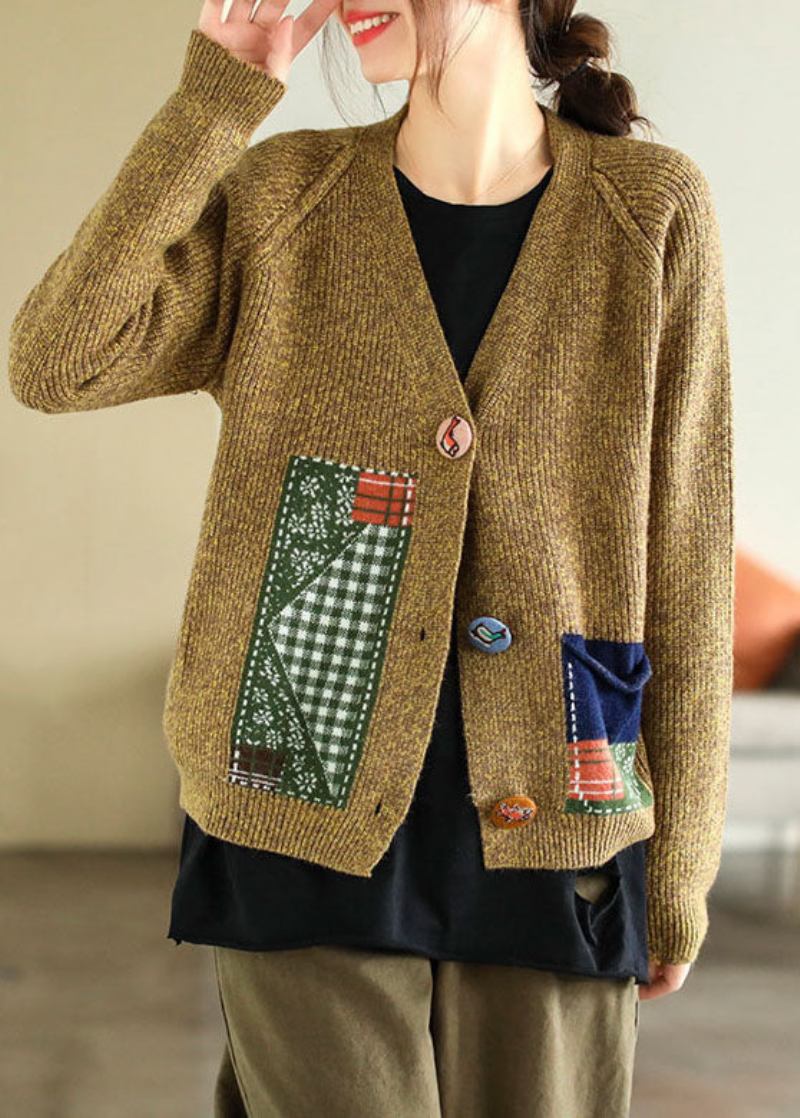 Boho-strickjacke Mit V-ausschnitt Und Patchwork-applikation In Gelb Für Den Winter - Gelb