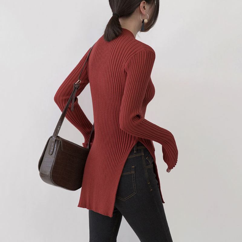 Boutique-pullover In Rot Übergroße Pullover Mit V-ausschnitt Und Taschen Feine Seitlich Offene Winterpullover - Damen-Cardigans