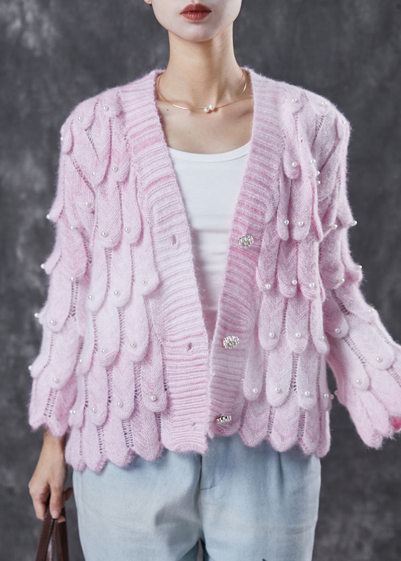 Boutique Rosa V-ausschnitt Strickcardigan Mit Nagelperlen Frühling - Damen-Cardigans