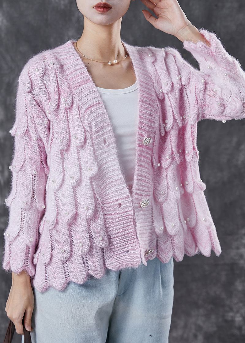 Boutique Rosa V-ausschnitt Strickcardigan Mit Nagelperlen Frühling - Damen-Cardigans