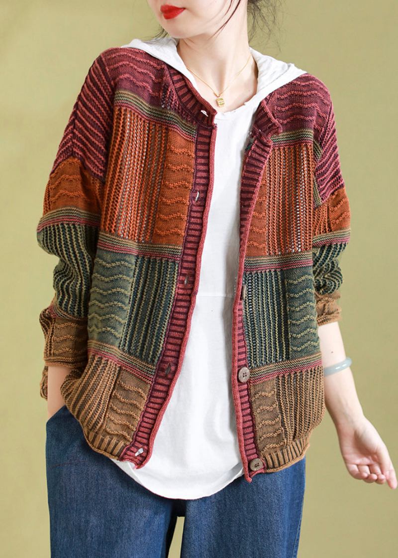 Boutique-strickcardigan Mit Rundhalsausschnitt Und Patchwork In Armeegrün Für Den Frühling - Damen-Cardigans