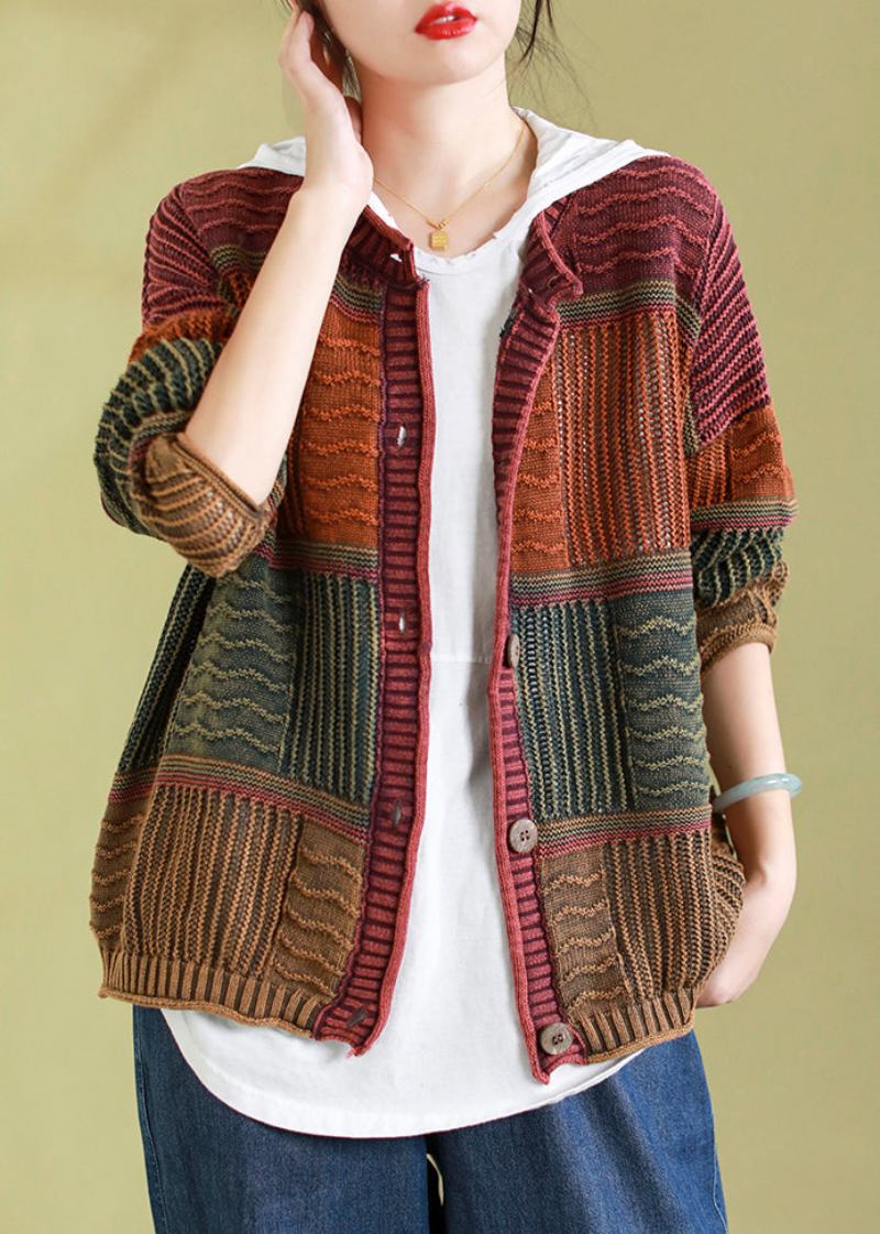 Boutique-strickcardigan Mit Rundhalsausschnitt Und Patchwork In Armeegrün Für Den Frühling - Damen-Cardigans