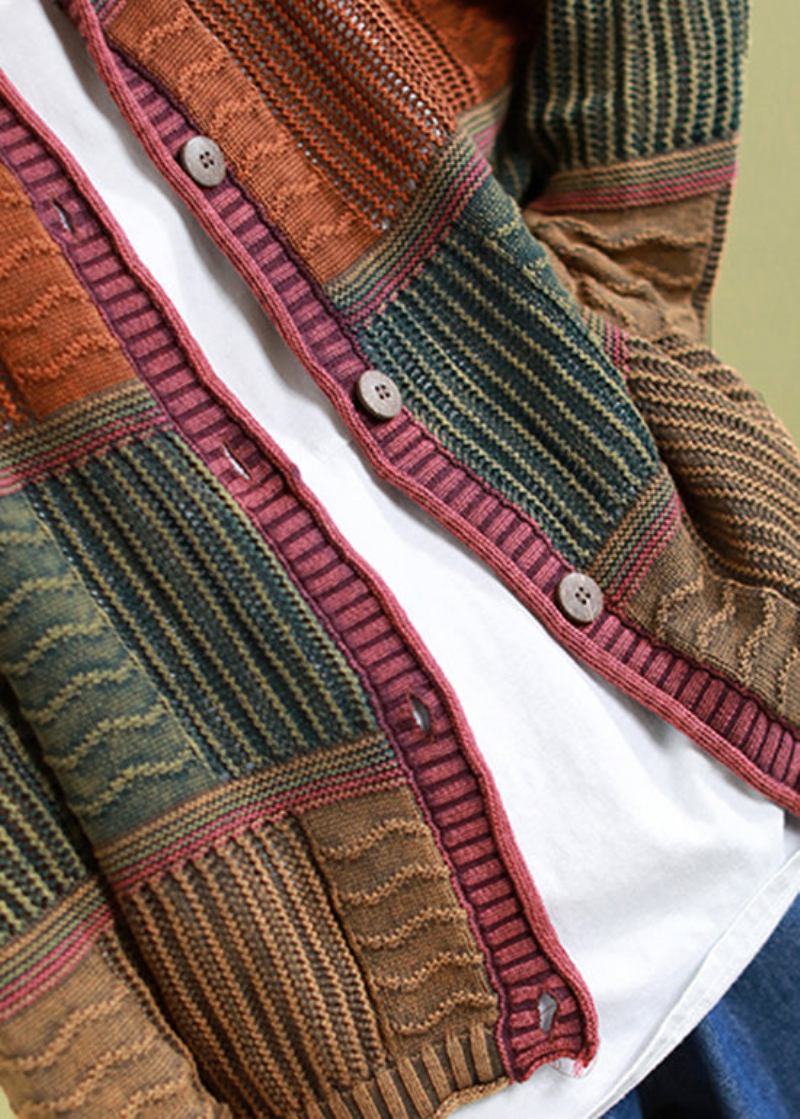 Boutique-strickcardigan Mit Rundhalsausschnitt Und Patchwork In Armeegrün Für Den Frühling - Damen-Cardigans