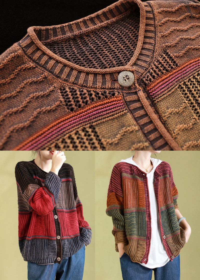 Boutique-strickcardigan Mit Rundhalsausschnitt Und Patchwork In Armeegrün Für Den Frühling - Damen-Cardigans