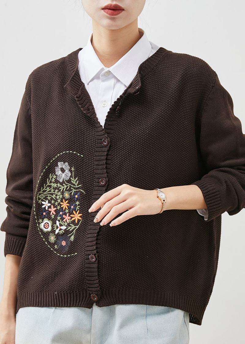 Brauner Gemütlicher Bestickter Strick-cardigan Frühling - Damen-Cardigans