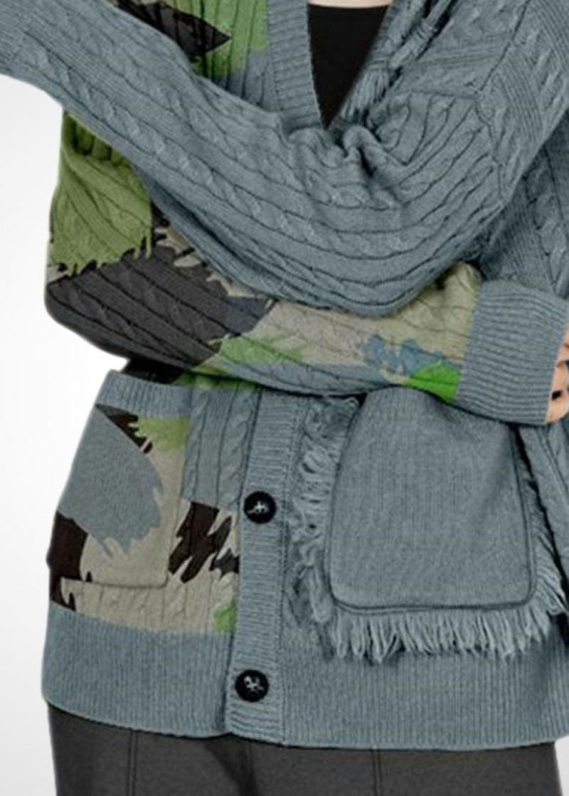 Damen-grauer V-ausschnitt Mit Print Und Quastentaschen Für Den Winter - Damen-Cardigans