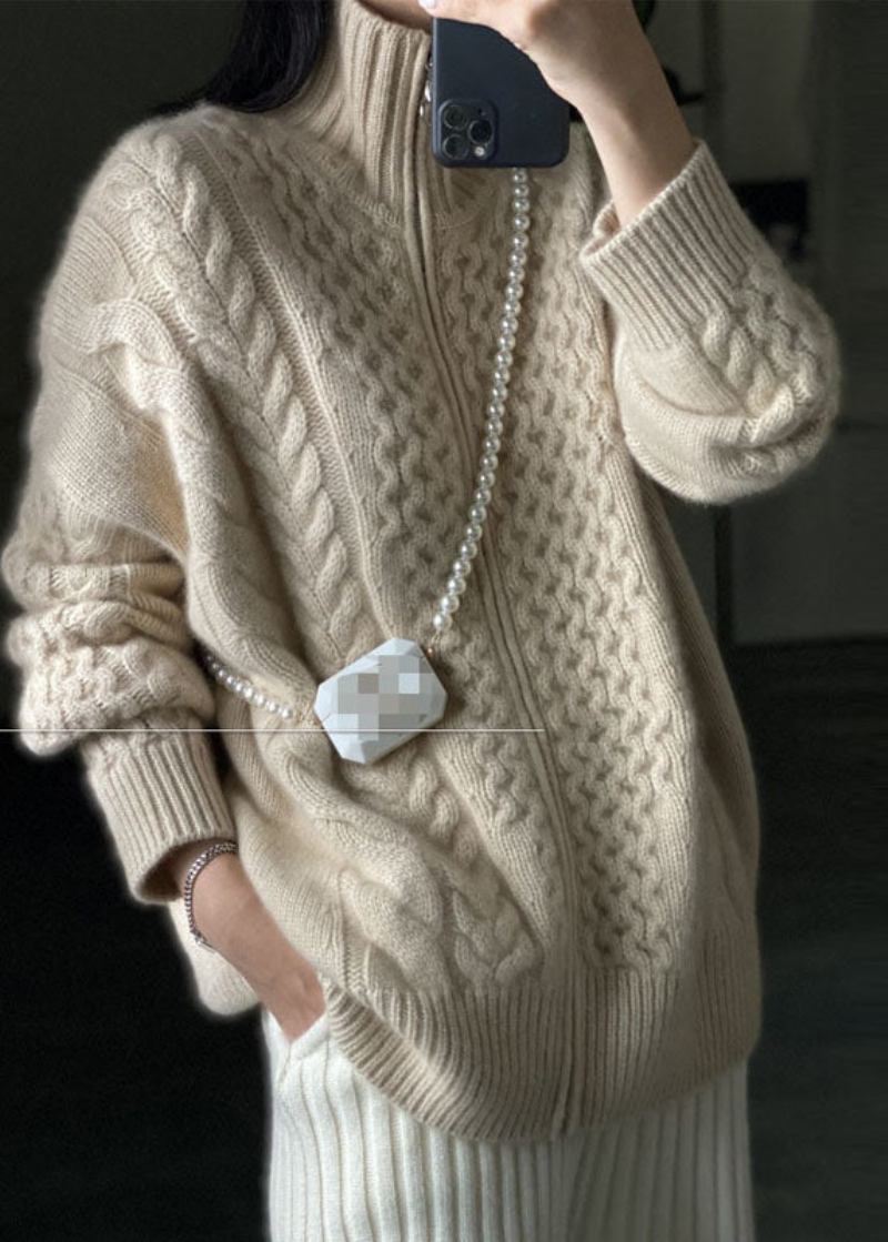 Diy Beige Lässiger Woll-strickmantel Mit Reißverschluss Winter - Damen-Cardigans