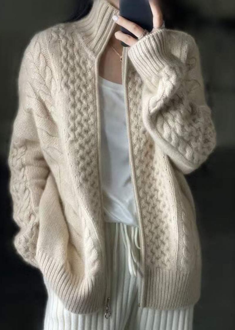 Diy Beige Lässiger Woll-strickmantel Mit Reißverschluss Winter - Damen-Cardigans