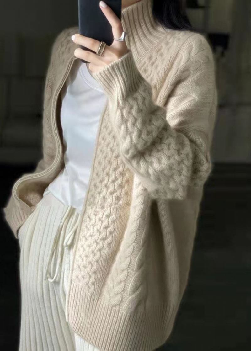 Diy Beige Lässiger Woll-strickmantel Mit Reißverschluss Winter - Damen-Cardigans