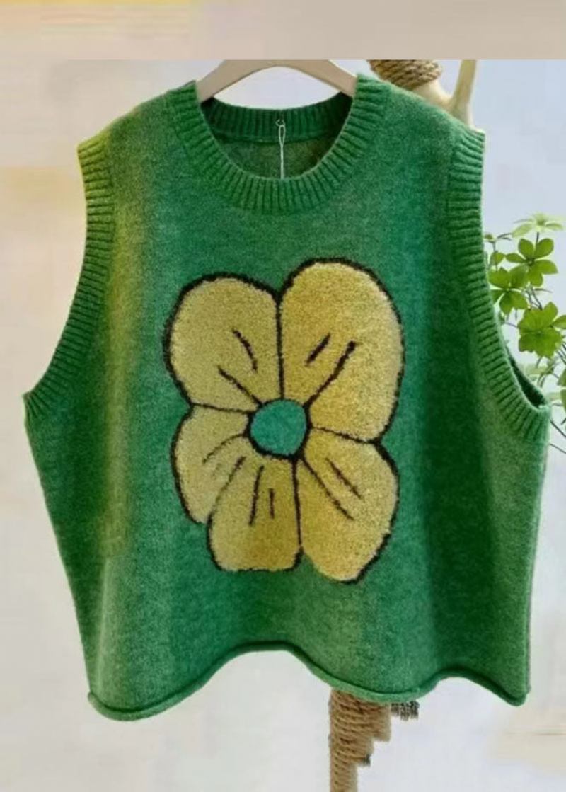 Diy Grüne Baumwollstrickweste Mit O-ausschnitt Und Aufdruck Für Den Herbst - Grün