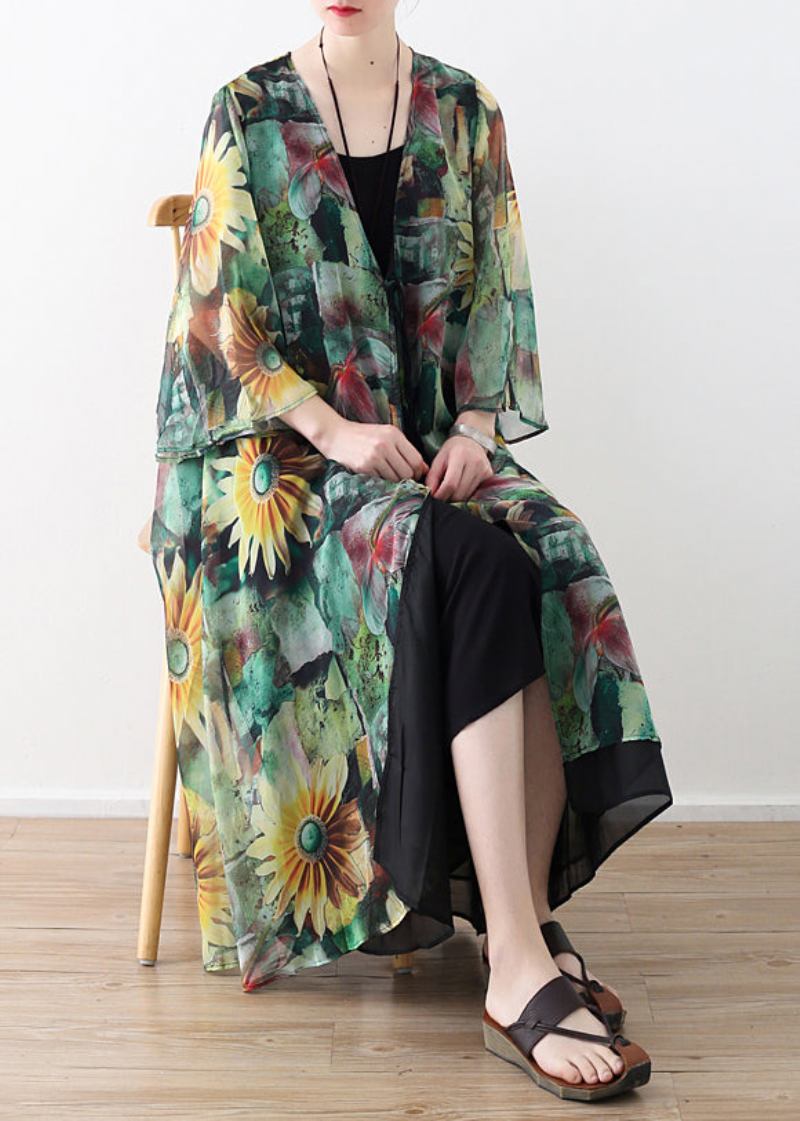 Diy Grüne Drucke Chiffon-oberbekleidung Für Damen Formende Strickjacke Für Den Sommer - grün