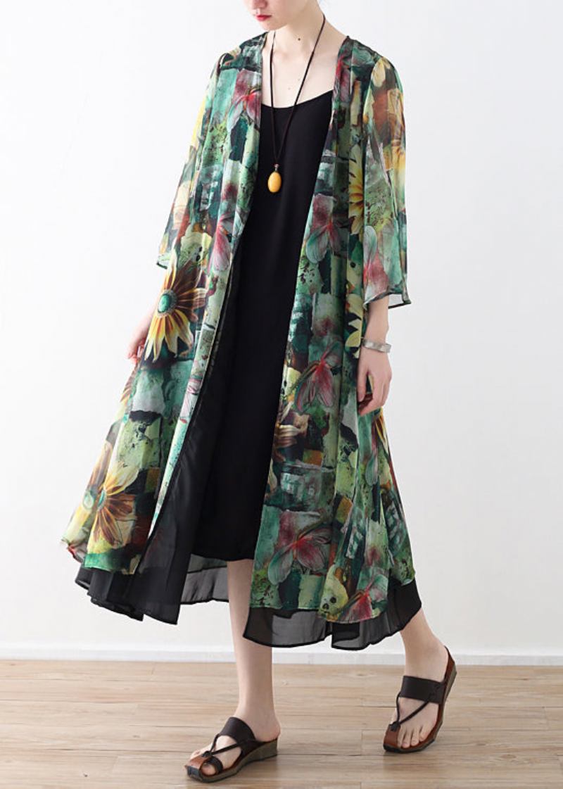 Diy Grüne Drucke Chiffon-oberbekleidung Für Damen Formende Strickjacke Für Den Sommer - grün