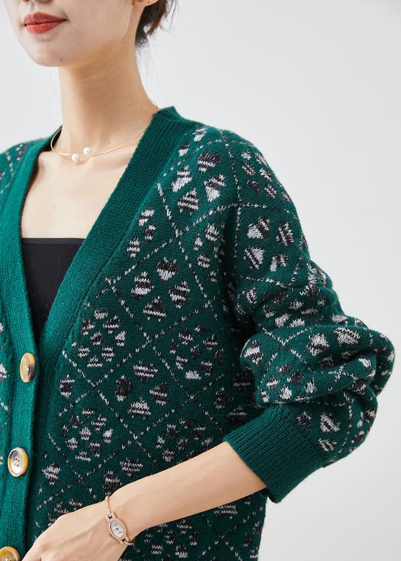 Diy Schwärzlich-grüner Bedruckter Knopf Für Den Herbst - Damen-Cardigans