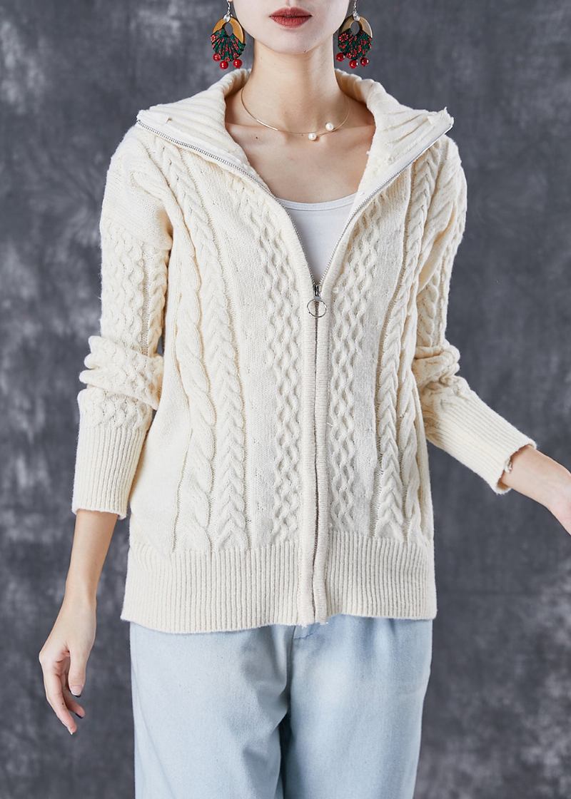 Edle Beige Dicke Zopfmustermäntel Mit Reißverschluss Für Den Herbst - Damen-Cardigans