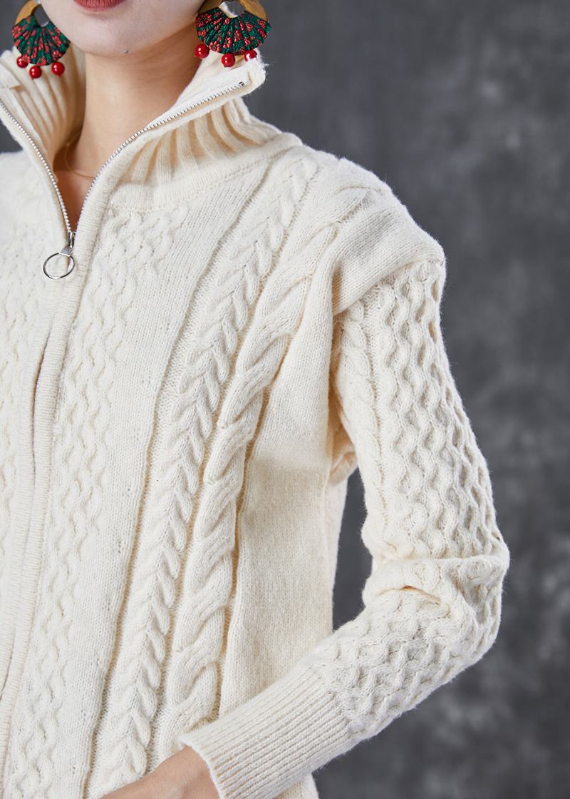 Edle Beige Dicke Zopfmustermäntel Mit Reißverschluss Für Den Herbst - Damen-Cardigans