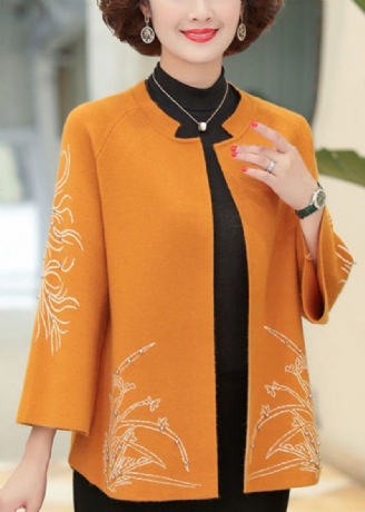 Edle Orangefarbene Langärmlige Wollstrickjacke Mit Rundhalsausschnitt Und Bestickten Nagelperlen