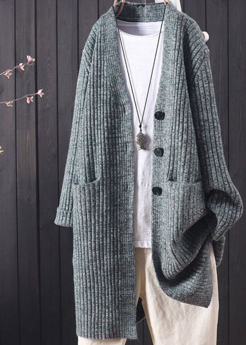 Edler Grauer Warmer Langer Strickjacke Mit V-ausschnitt Und Taschen Für Den Winter - Damen-Cardigans