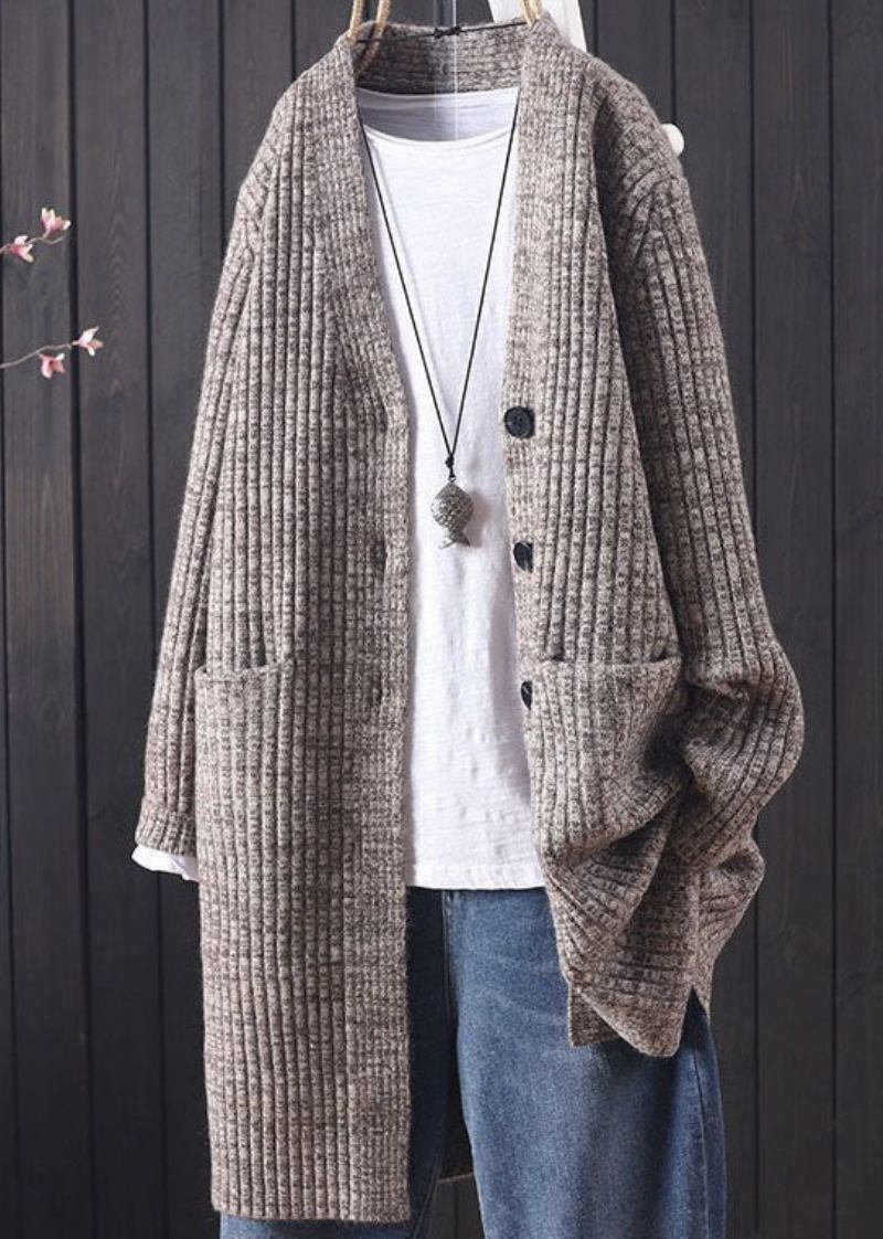 Edler Grauer Warmer Langer Strickjacke Mit V-ausschnitt Und Taschen Für Den Winter - Damen-Cardigans