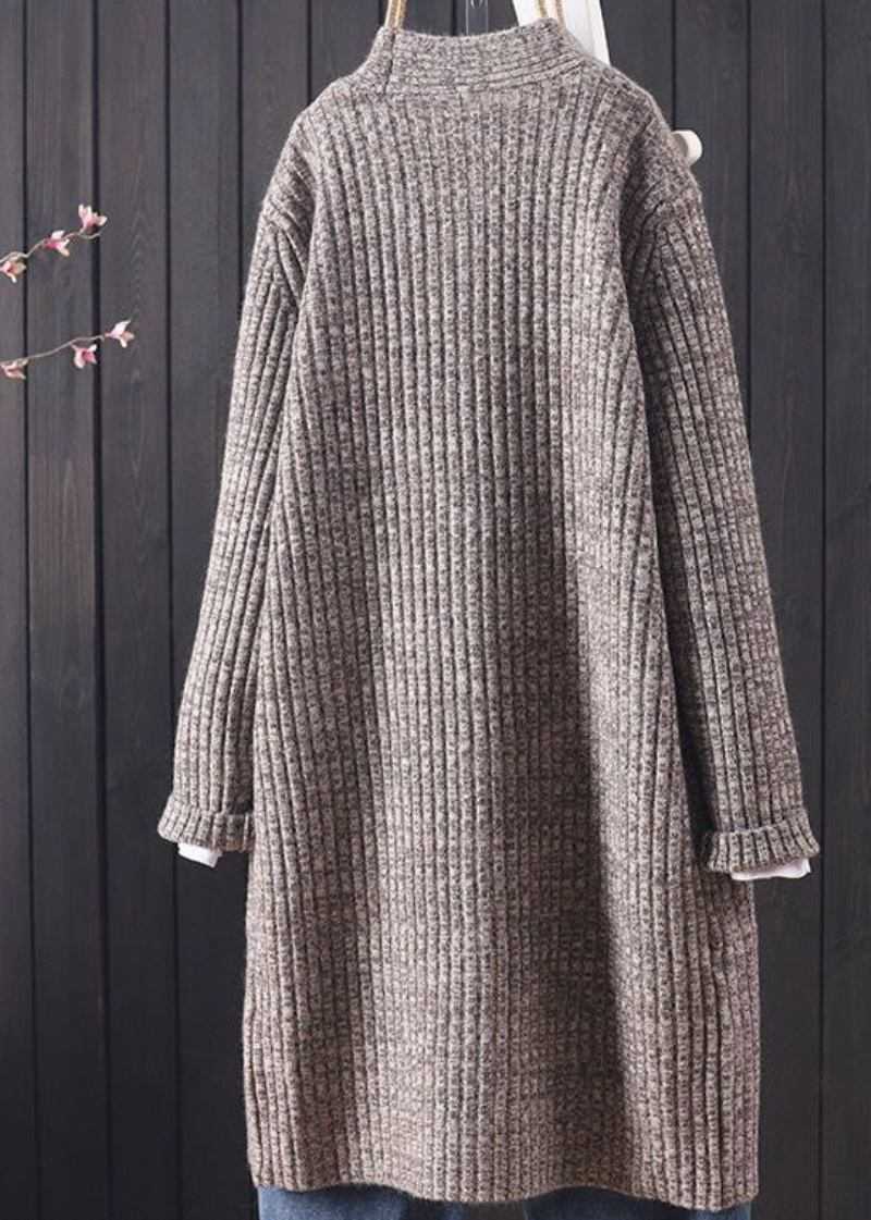 Edler Grauer Warmer Langer Strickjacke Mit V-ausschnitt Und Taschen Für Den Winter - Damen-Cardigans