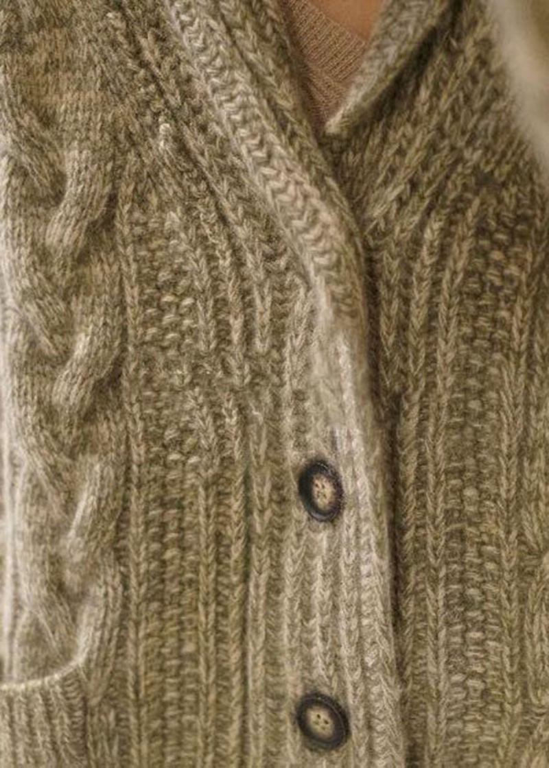 Edler Hellgrüner V-ausschnitt-strickcardigan Mit Knopftaschen Für Den Winter - Damen-Cardigans