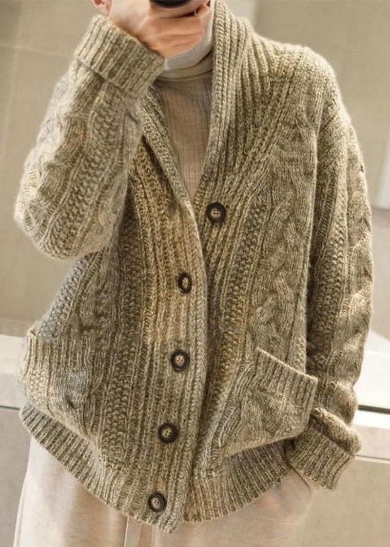 Edler Hellgrüner V-ausschnitt-strickcardigan Mit Knopftaschen Für Den Winter - Damen-Cardigans