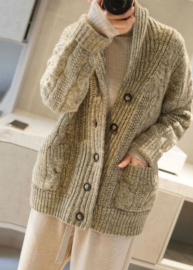 Edler Hellgrüner V-ausschnitt-strickcardigan Mit Knopftaschen Für Den Winter - Damen-Cardigans