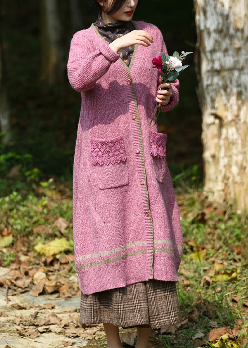 Edler Lilafarbener Patchwork-strickcardigan Mit V-ausschnitt Und Knöpfen Für Den Herbst Mit Baumwollfaden - Damen-Cardigans