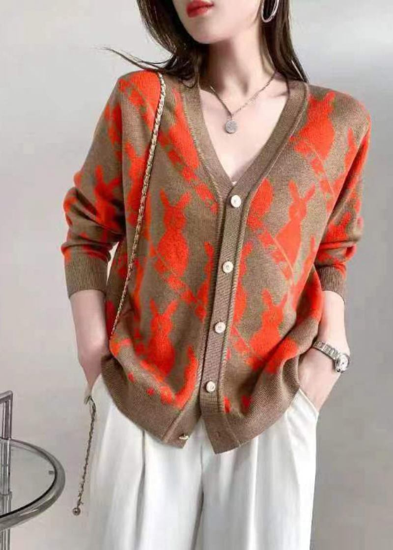 Edler Rosafarbener Jacquard-wollcardigan Mit V-ausschnitt Und Knöpfen Herbst - Damen-Cardigans