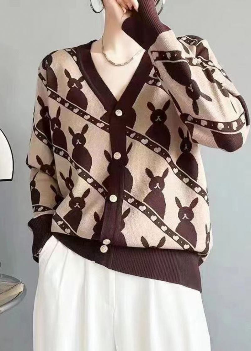 Edler Rosafarbener Jacquard-wollcardigan Mit V-ausschnitt Und Knöpfen Herbst - Damen-Cardigans