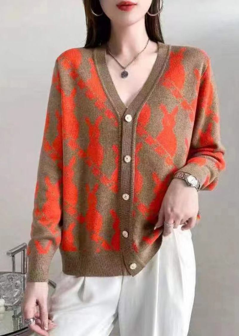 Edler Rosafarbener Jacquard-wollcardigan Mit V-ausschnitt Und Knöpfen Herbst - Damen-Cardigans