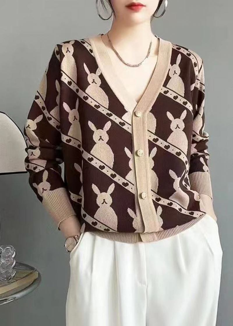 Edler Rosafarbener Jacquard-wollcardigan Mit V-ausschnitt Und Knöpfen Herbst - Damen-Cardigans