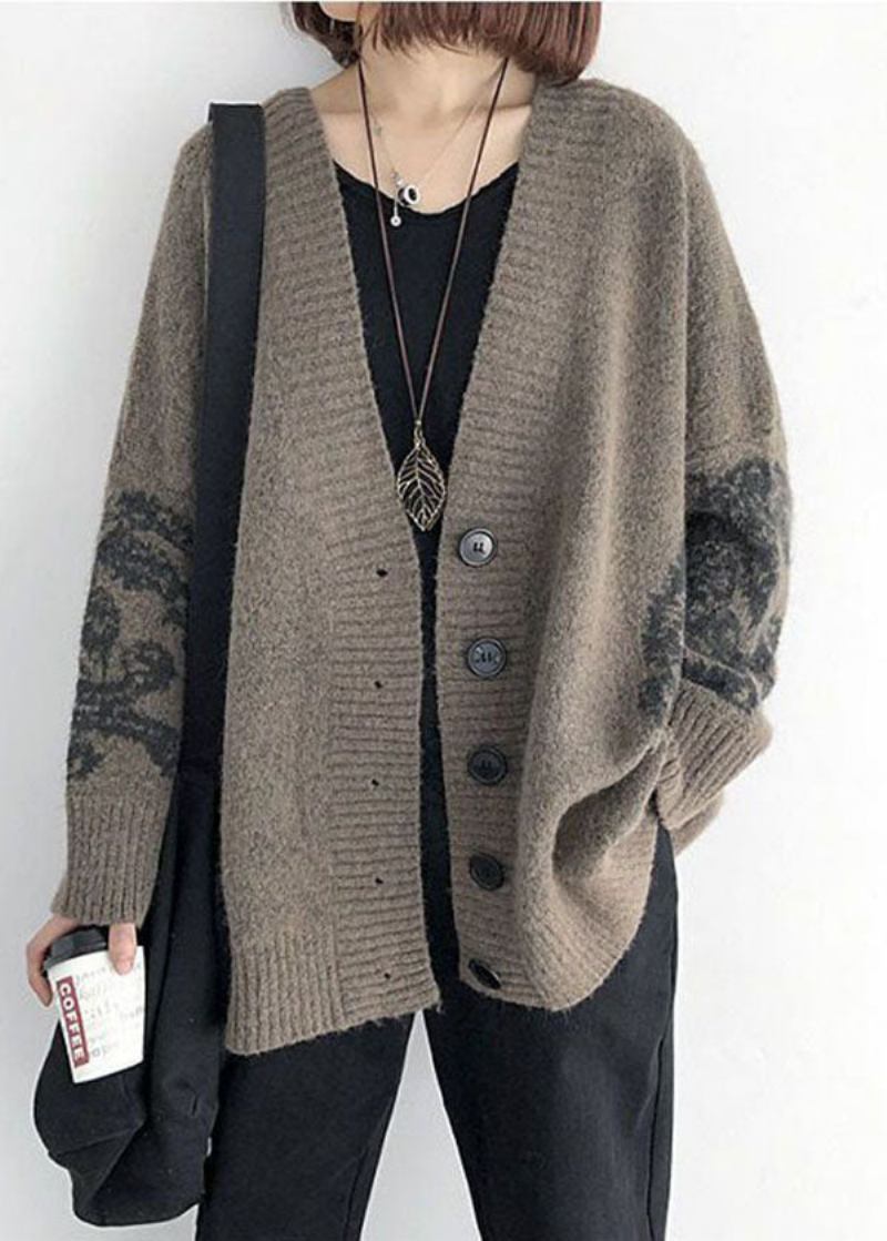 Einfacher Lässiger Khaki-v-ausschnitt Bedruckter Strickcardigan Frühling - Damen-Cardigans