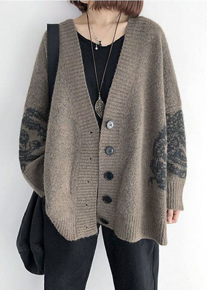 Einfacher Lässiger Khaki-v-ausschnitt Bedruckter Strickcardigan Frühling - Damen-Cardigans