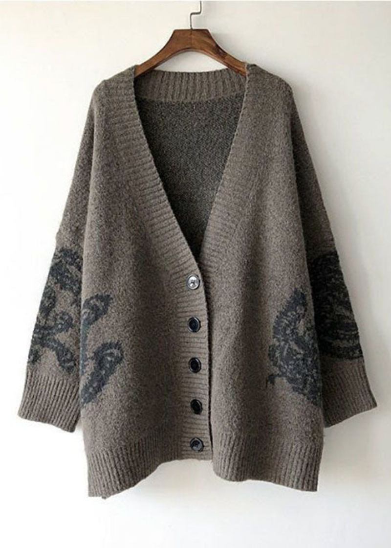 Einfacher Lässiger Khaki-v-ausschnitt Bedruckter Strickcardigan Frühling - Damen-Cardigans