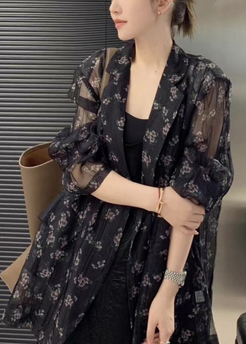 Einfacher Schwarzer Übergroßer Bedruckter Chiffon-mantel Mit Upf 50+ Für Den Frühling - Damen-Cardigans