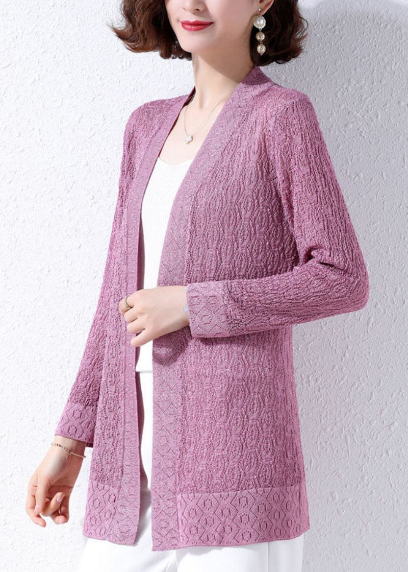 Einzigartige Lila Patchwork-strickjacken Mit Aussparungen Und Stickereien Für Den Herbst - Damen-Cardigans