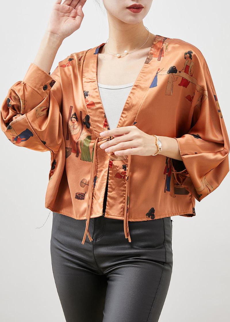 Einzigartige Orange Bedruckte Seidenjacken Mit Quasten Für Den Frühling - Damen-Cardigans