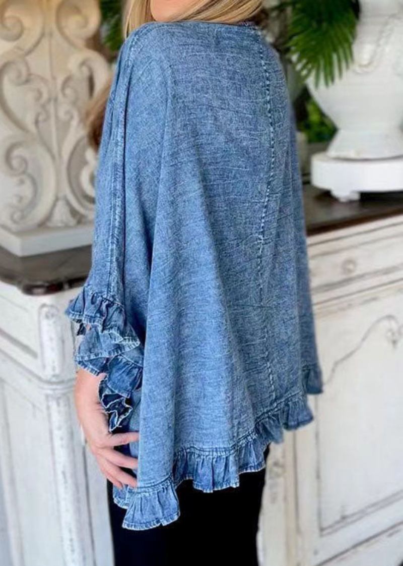 Einzigartiger Blauer Gerüschter Patchwork-strickpullover Aus Denim Für Den Sommer - Damen-Cardigans