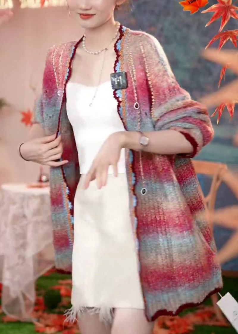 Einzigartiger Patchwork-strickcardigan Mit Ausgehöhlten Zirkonen In Regenbogenfarben Für Den Herbst - Damen-Cardigans