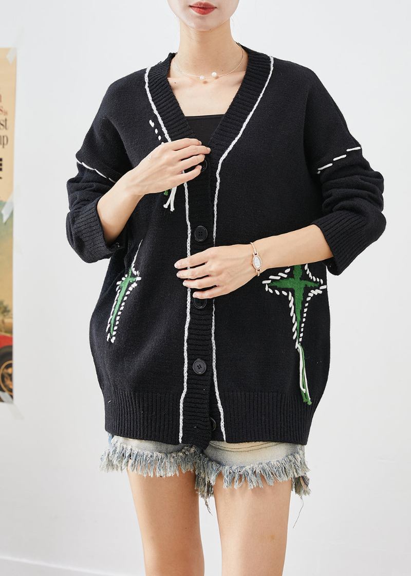 Einzigartiger Schwarzer Übergroßer Jacquard-strickcardigan Für Den Herbst - Damen-Cardigans