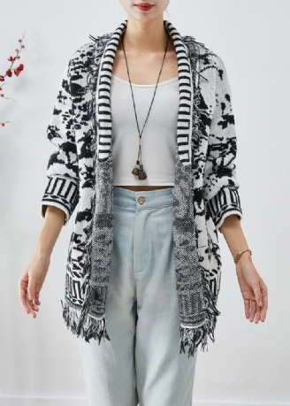 Einzigartiger Weißer Jacquard-strickcardigan Mit Quasten Für Den Herbst