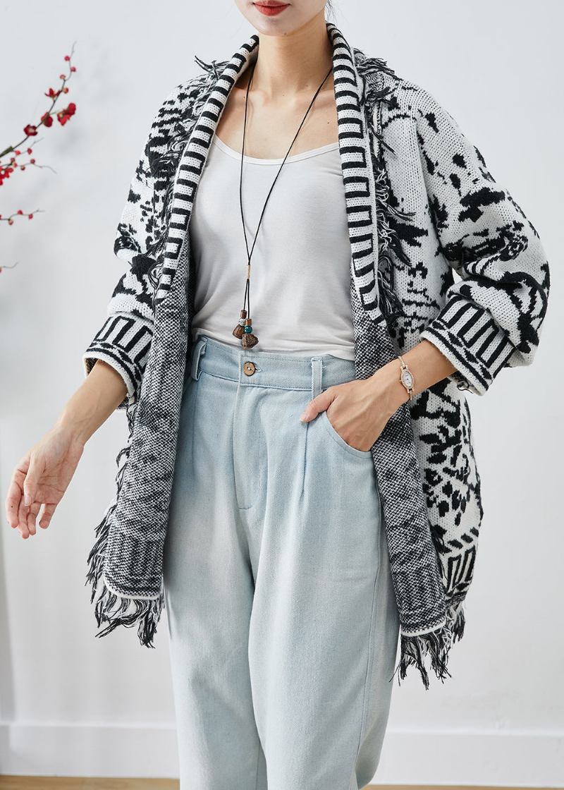 Einzigartiger Weißer Jacquard-strickcardigan Mit Quasten Für Den Herbst - Damen-Cardigans