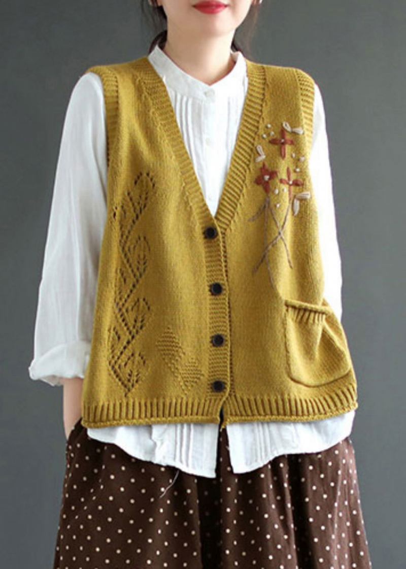 Elegante Gelbe Baumwollstrickweste Mit V-ausschnitt Und Knopf Patchwork Ärmellos - Damen-Cardigans