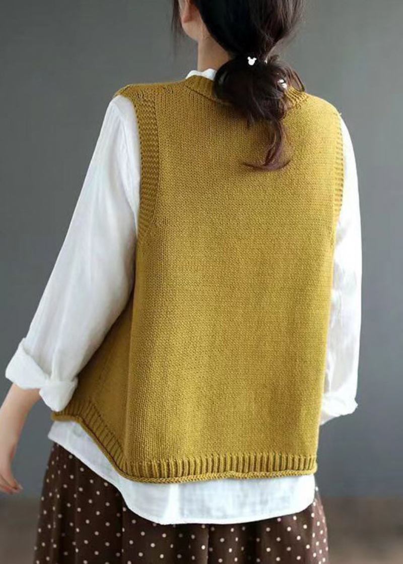 Elegante Gelbe Baumwollstrickweste Mit V-ausschnitt Und Knopf Patchwork Ärmellos - Damen-Cardigans