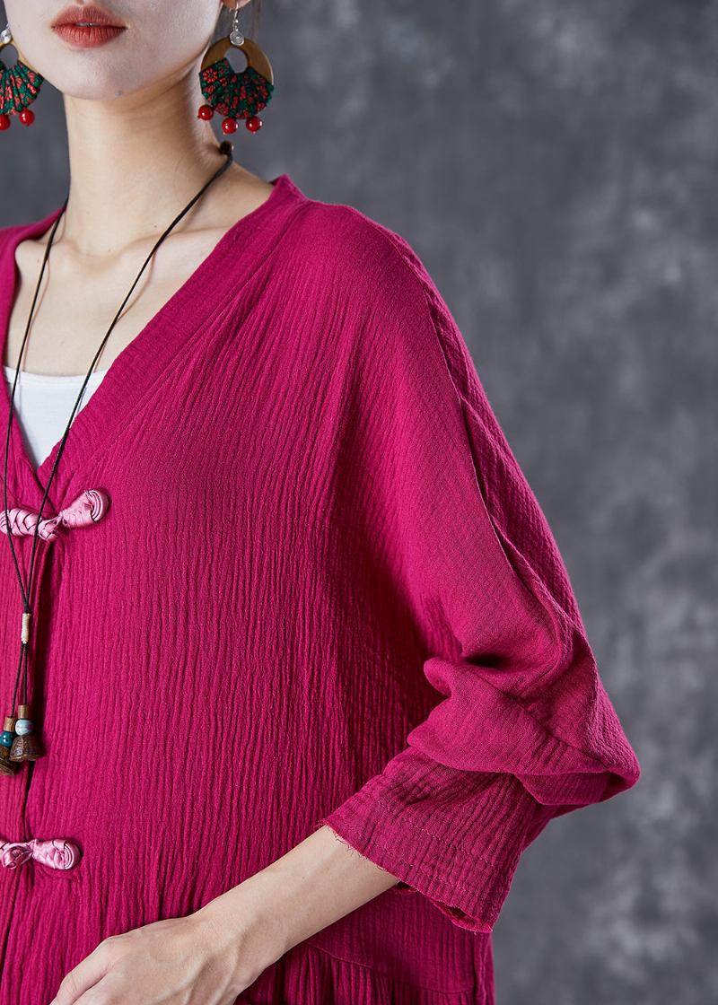 Elegante Lange Leinen-strickjacke Mit Chinesischen Knöpfen Und Falten In Rosa Für Den Herbst - Damen-Cardigans