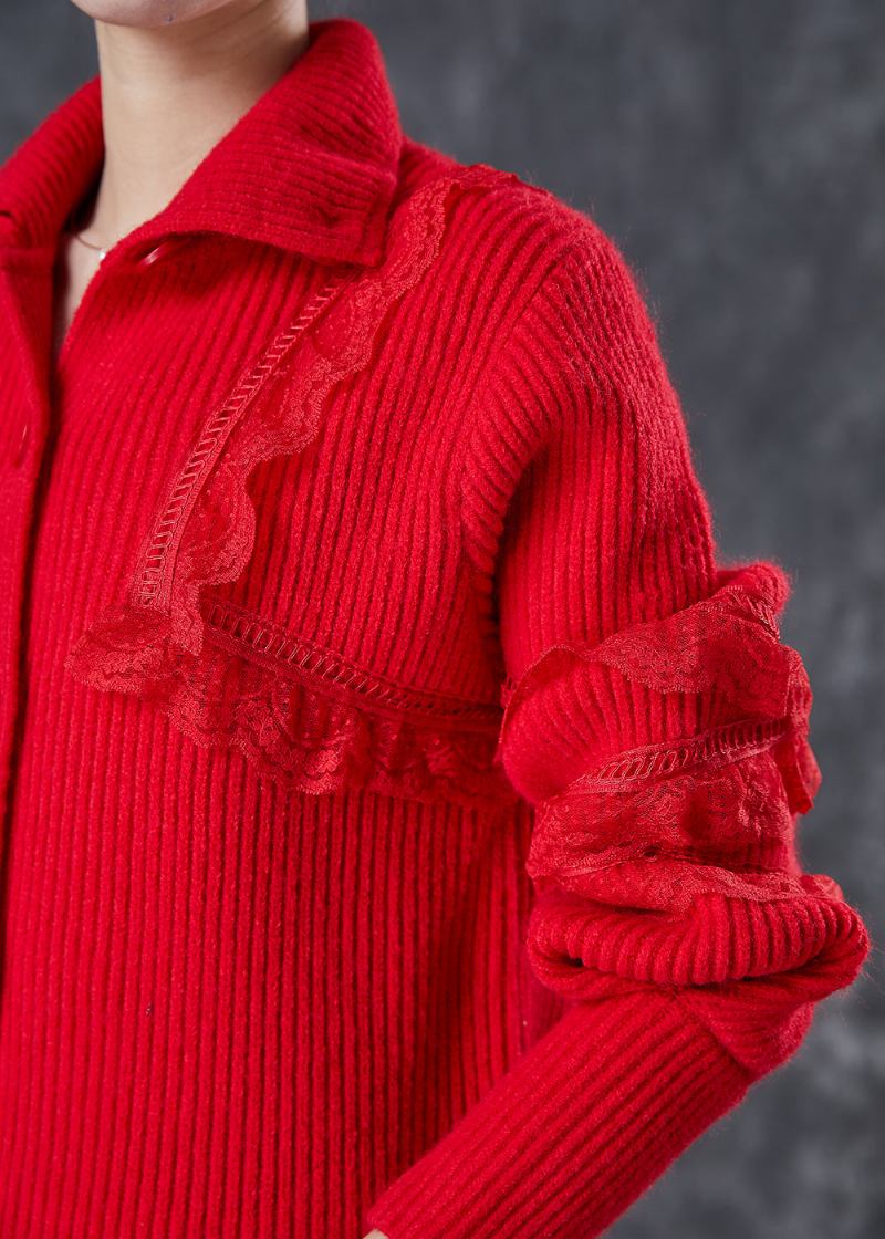 Elegante Rote Peter-pan-kragen-spitzen-patchwork-strickmäntel Für Den Winter - Damen-Cardigans