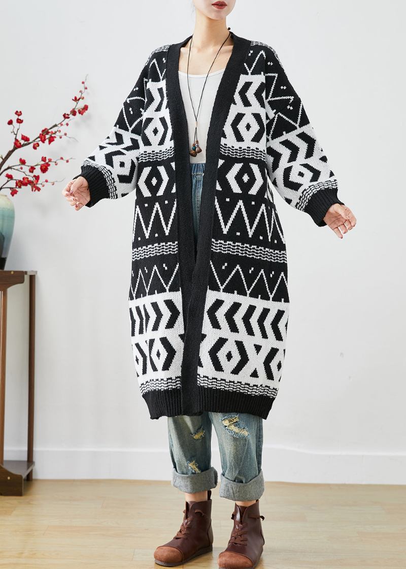 Elegante Schwarze Übergroße Lange Strickjacken Mit Print Für Den Herbst - Damen-Cardigans